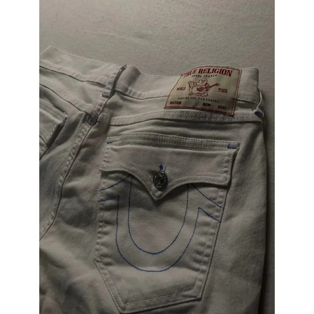 True Religion Ricky Relaxed Straight Denim Shorts White Blue Stitch Size 32